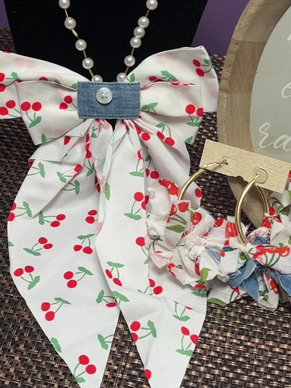 Cherry Print Hair Bow with Pearl Necklace Cherry print bow necktie